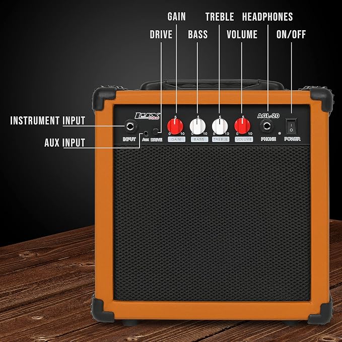LyxPro Electric Guitar Amp 20 Watt Amplifier Built in Speaker Headphone Jack and Aux Input Includes Gain Bass Treble Volume and Grind - Mahogany