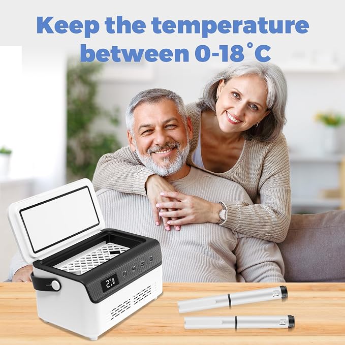 Electric Insulin Cooler Travel Case Box, Mini Insulin Fridge, Portable Insulin Refrigerator Diabetic Cooler Box for 4-5 Pens, 2-18℃ Temperature Control, with Handle, Power Supply, Rechargeable Battery