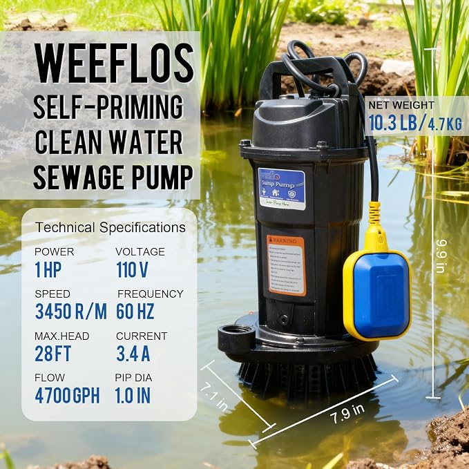 1.0HP Submersible Sump Pump, Automatic Water Pump w/ 4200 GPH High Flow, 18ft Max Head, for Dirty Water Removal, Flooded Basement, Swimming Pool Cover, Hot Tubs, Aluminum (1HP/28FT)