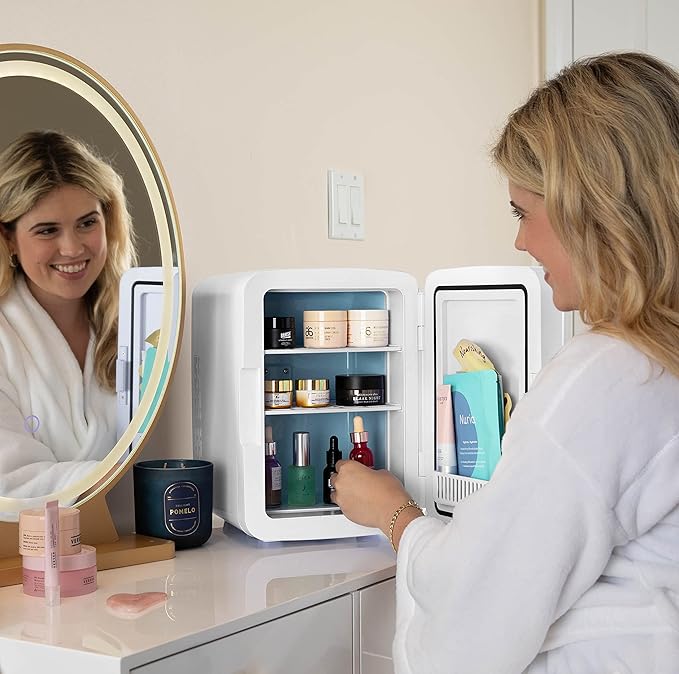 Cooluli 10L Mini Fridge for Bedroom - Car, Office Desk & College Dorm Room 12v Portable Cooler Warmer Food, Drinks, Skincare, Beauty Makeup AC/DC Small Refrigerator with Glass Front, 110 Volts, White