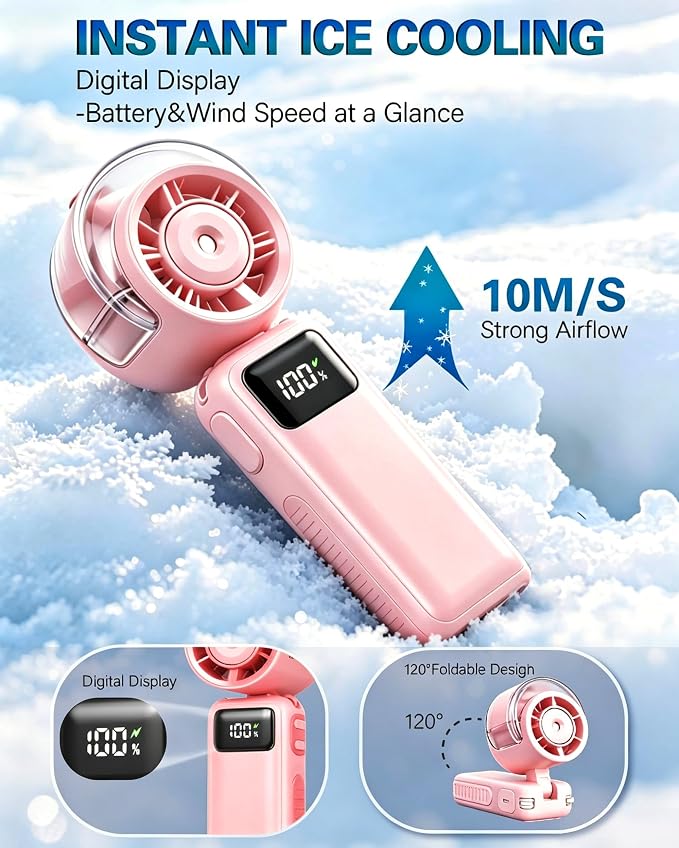 Portable Handheld Misting Fan Foldable, 6000mAh USB Rechargeable Personal Cooling Fan,5 Speed Mini Water Spray Fan,3 in 1 Hand/Desk/Neck Turbo Mist Fans for Home Outdoor Travel Beach Camping (pink)