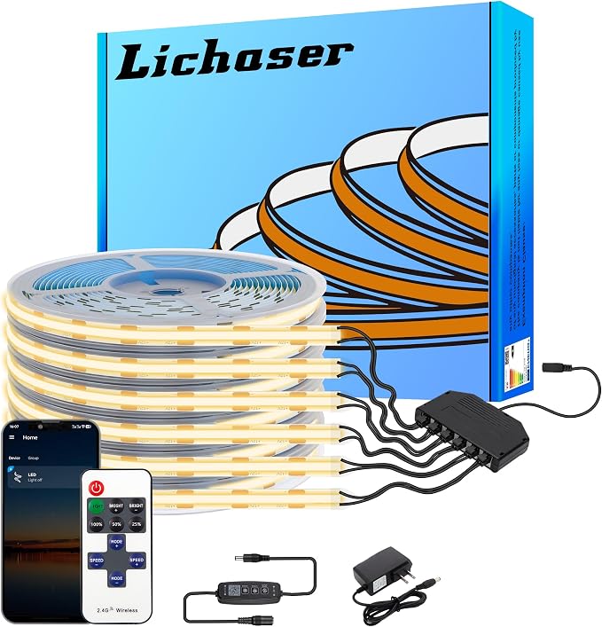 Lichaser 6 Rolls 6.56ft Bluetooth Warm White COB LED Lights for Acoustic Panel, Smart Wood Slat Wall Panel Light Strip with 2.4G Remote and App Control, for Cabinets, Kitchen and Shelves Lighting