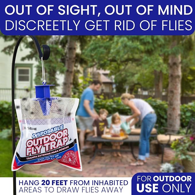 Fly Traps Outdoor Fly Trap for Patio. 4 Non-Toxic Pre-Baited Flies Bags Outdoor Disposable. Hanging Bug Catchers for All Filth Flies Killer for Outside Bug Control in Yard Horse Ranch Trash Can.
