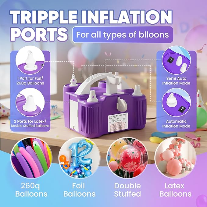 4-in-1 Balloon Pump Electric - Triple-Port 600W Air Pump for Balloons Latex, Foil Mylar Balloon, 260Q | Inflatables & Sports Balls | Portable Electric Balloon Pump with Hose, Nozzles & Ball Needles