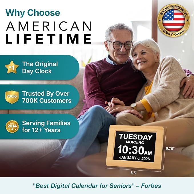 American Lifetime New 2026 Dementia Clock Large Digital Clock for Seniors, Alzeimer Clock Large Display with Custom Alarms, Clock with Day & Date for Elderly, Digital Calendar Premium Light Wood