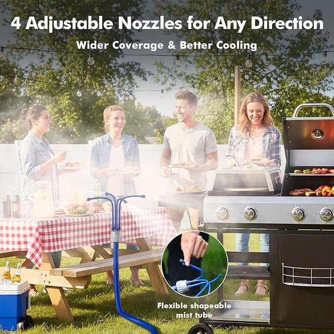 RESTMO Adjustable Standing Misters for Outside Patio, Portable Misting Cooling System with 4 Directional Nozzles, 6FT Water Mister for Hot Summer, Garden, Backyard, Beach, Camping, BBQ