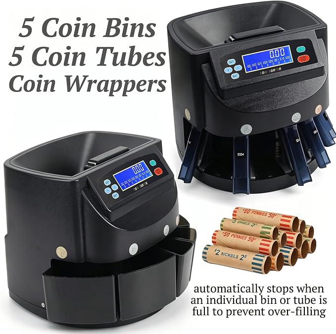 Professional Coin Counter Coin Sorter and Wrapper Machine, Accurate Smooth All USD Coins Change Sorter and Wrapper, with 5 Coin Bins & 5 Coin Tubes, 4 Sets Wrappers, 270pcs/min