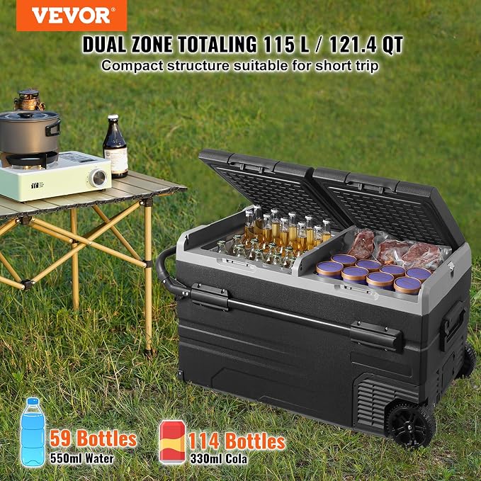 VEVOR Car Refrigerator 115L, Dual Zone Portable Freezer with Wheels & Handle, -4℉ to 68℉, 12/24V DC & 100-240V AC Compressor Cooler for Camping, Outdoor, RV