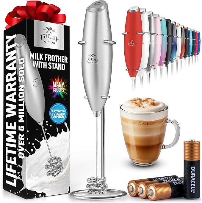 Zulay Kitchen Powerful Milk Frother Wand With Duracell Batteries - Ultra Fast Handheld Drink Mixer - Electric Whisk Foam Maker for Coffee, Lattes, Cappuccino & Matcha - Triple Whisk - Luminous Silver