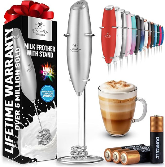 Zulay Kitchen Powerful Milk Frother Wand With Duracell Batteries - Ultra Fast Handheld Drink Mixer - Electric Whisk Foam Maker for Coffee, Lattes, Cappuccino & Matcha - Triple Whisk - Luminous Silver