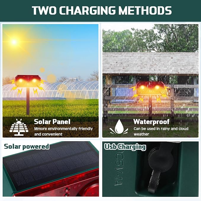 Qualirey 2 Pcs Solar Outdoor Motion Sensor Alarm with Stake Animal Deterrent Dog Barking Sensor 13 Sound 130dB Loud Noise Maker 4 Mode with USB Remote Control Support Recording Volume Adjustment