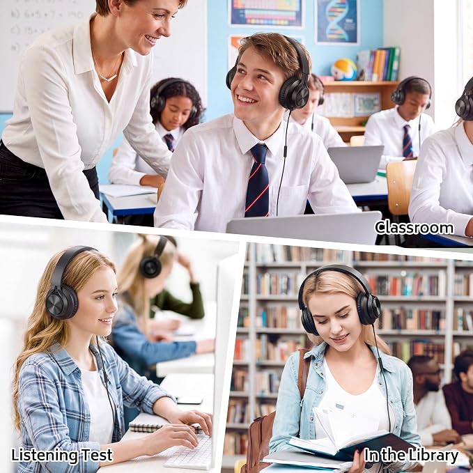 AILIHEN Headphones Wired 12-Pack Bulk for School Students Kids K-12 Classroom，Adjustable, Foldable, Over-Ear Headsets with Microphone HD Stereo Sound 3.5mm Jack for Chromebook, Laptop (Black)
