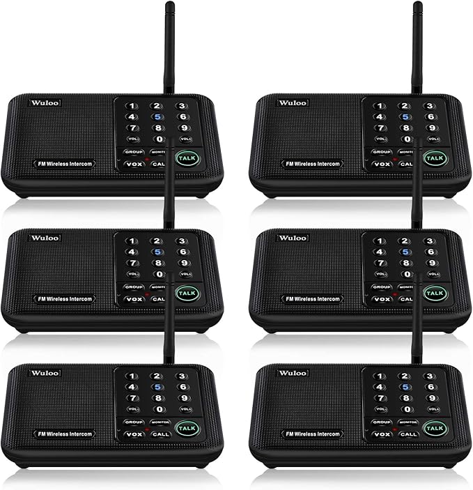 Wuloo Intercoms Wireless for Home 5280 Feet Range 10 Channel 3 Code, Wireless Intercom System for Home House Business Office, Room to Room Intercom, Home Communication System (6 Packs, Black)