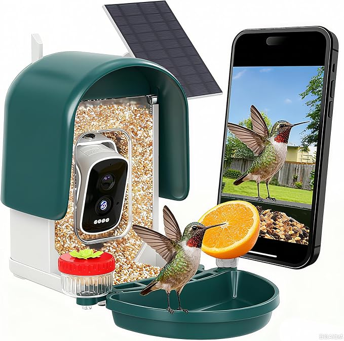 Smart Bird Feeder with Camera Solar Powered, Green | AI Bird Identification for 10000+ Species, 4K HD Live Video & Instant Alerts, 2.4GHz WiFi, IPX7 Waterproof