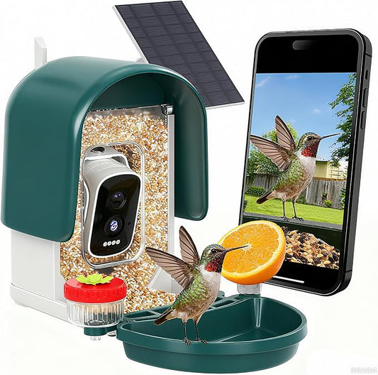 Smart Bird Feeder with Camera Solar Powered, Green | AI Bird Identification for 10000+ Species, 4K HD Live Video & Instant Alerts, 2.4GHz WiFi, IPX7 Waterproof