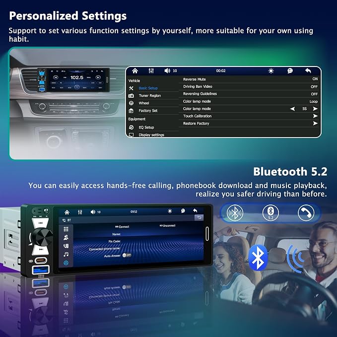 6.5" Single Din Touchscreen Radio with Wireless Apple CarPlay & Android Auto, FM/AM,Car Stereo with Bluetooth 5.2, 180W Audio, 20-Band EQ,USB/Type-C,Mirror Link,External Mic,8-LED Backup Camera,SWC