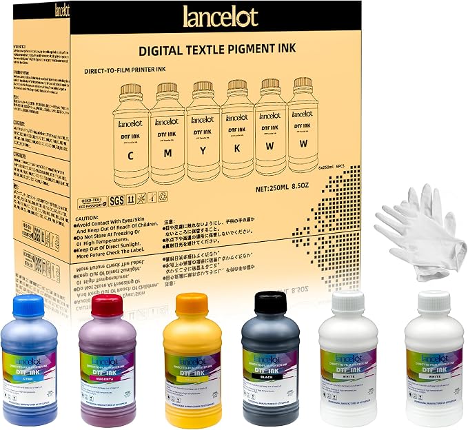 Lancelot DTF Ink 250ml×6 (CMYK+2W) - Vibrant Durable Anti-Clog PET Film Transfer Ink, Compatible with Pro Printers Featuring ET-8550/XP-15000/L1800/L805/R1390/R2400 Printheads.