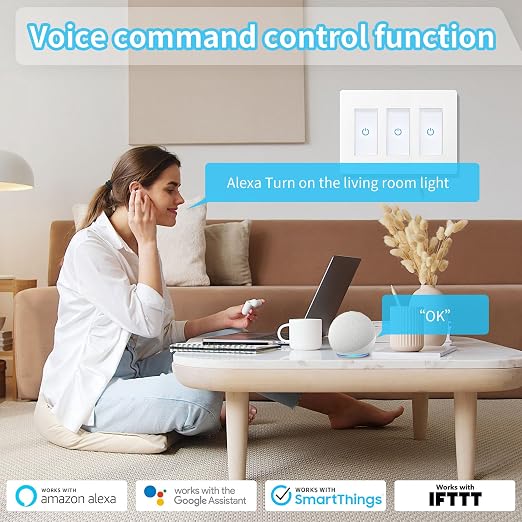 Milfra Touch Smart Switch 3 Gang, WiFi Light Switch Compatible With Alexa and Assistant, Neutral Wire Needed, No Hub Required, White, M22-1-3-DY