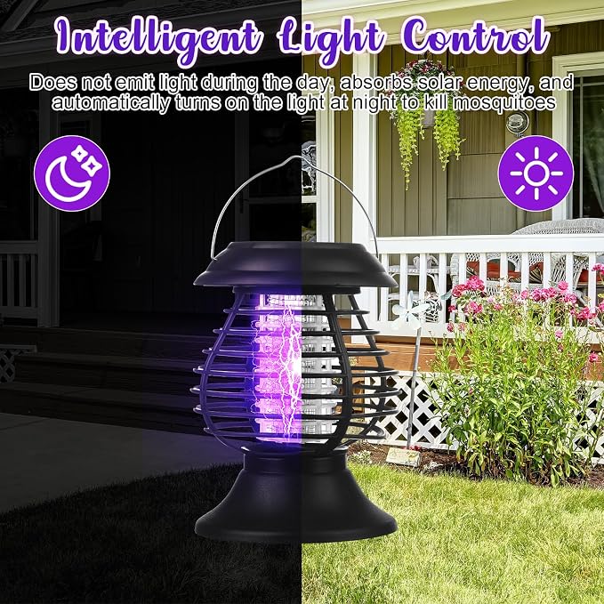 Qualirey 4 Pcs Outdoor Waterproof LED Solar Bug Zapper 2 in 1 Hanging Mosquito Zapper Mosquito Killer Outdoor Cordless Garden Waterproof Fly Insect Killer for Backyard Farm Patio