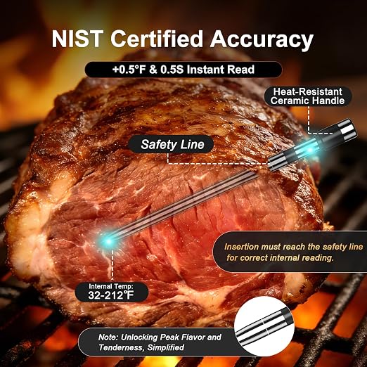 HOPEPOP Wireless Meat Thermometer Digital - NIST Certified Accuracy, Dual Monitoring Standalone Large LCD Base & App Control, 2 Meat Probes for Grill BBQ Smoker Oven (Orange)