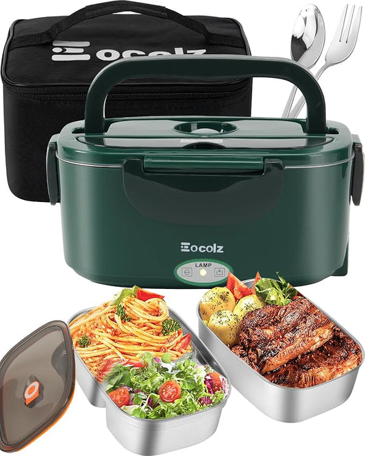 Eocolz Electric Lunch Box Food Heater 80W for Adults, Portable Food Warmer Heated Lunch Box for Car Truck Work with 1.5L Stainless Steel Container Fork & Spoon 12/24/110V Lonchera Eléctrica Portátil