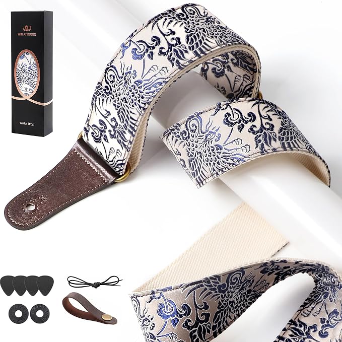 Guitar Strap, Electric& Acoustic bass guitar straps,embroidered filament with Head Cowhide Leather strap, with Free Strap Button,2 guitar Strap Locks，4Guitar Pick (Cyanotype)