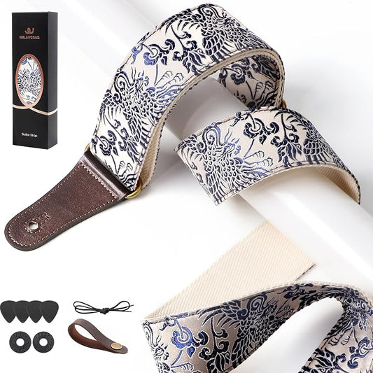 Guitar Strap, Electric& Acoustic bass guitar straps,embroidered filament with Head Cowhide Leather strap, with Free Strap Button,2 guitar Strap Locks，4Guitar Pick (Cyanotype)