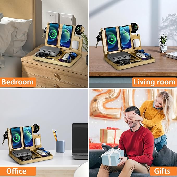 Wood Phone Docking Station 2 Phone Wireless Charging Station Nightstand Organizer for Men 27W Fast Charging Bamboo Wireless Charger for iPhone Android Phone iWatch Earbuds Birthday Gifts for Men