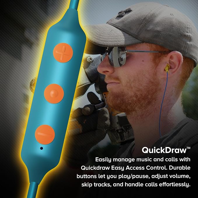 Plugfones Basic Pro Bluetooth Earplug Headphones for Work, 27dB NRR Replaceable Foam Earplugs, OSHA Compliant Hearing Protection, Wireless Safety Earbuds with Noise-Isolating Mic (Blue & Orange)