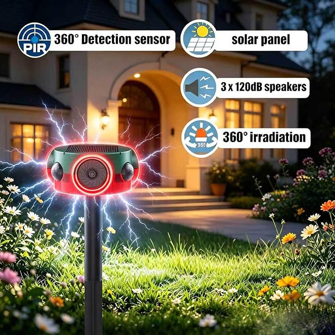 Solar Outdoor Motion Sensor Alarm - 360° Motion Detector Security Alarm, Support Recording, 3*120dB Loud Noise Maker, Dog Barking,14 Sounds and Strobe Light, Remote Controller for Yard Farm Villa (1)