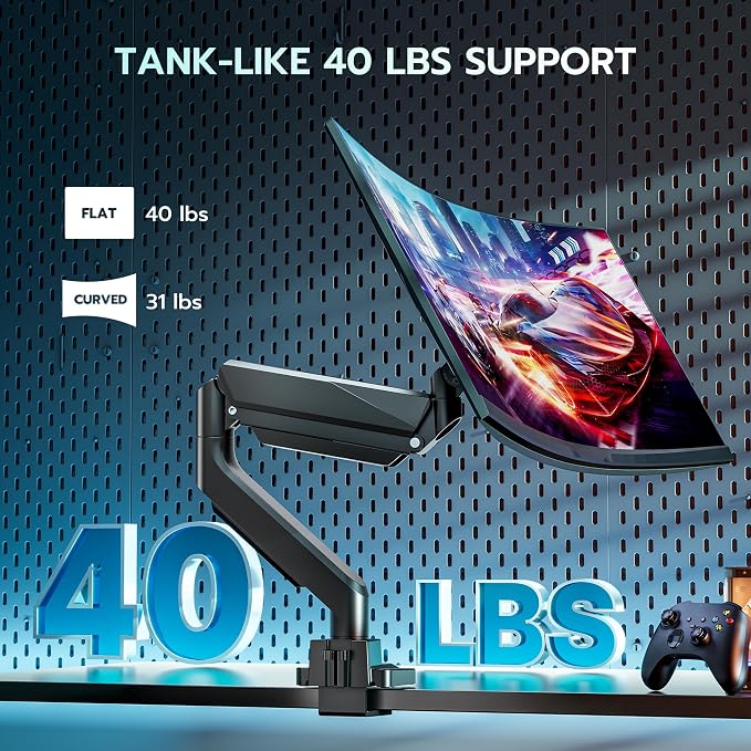 ARES WING Ultrawide Monitor Arm, Heavy Duty Single Monitor Mount for 13"-49" Curved Screens with USB, Adjustable Stand for Desk with C-clamp & Grommet Base up to 40 LBS, Black