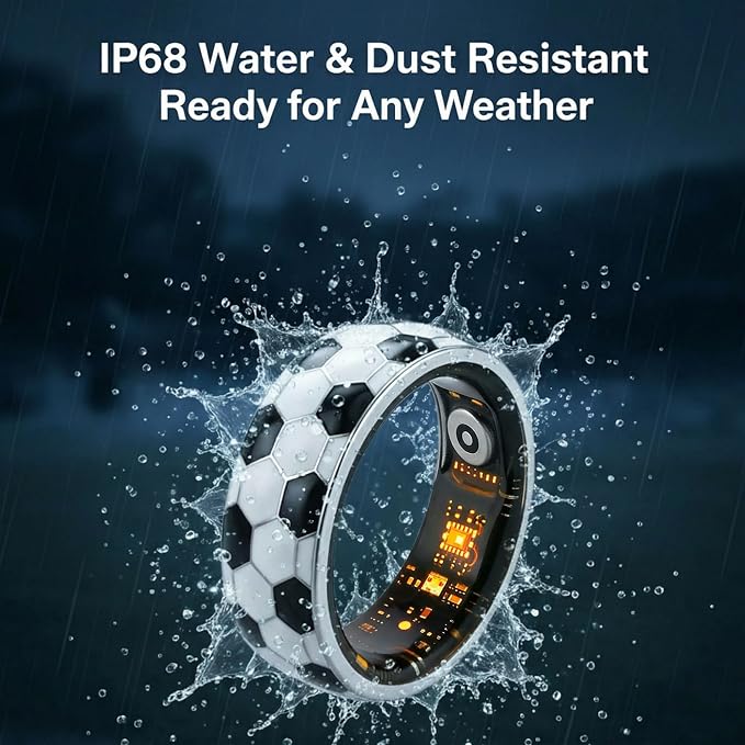 Smart Ring for Women & Men, Soccer Inspired Design, Fitness & Vital Signs Monitoring, Sleep Tracker, Remote Photography, No Subscription(Black,12#)