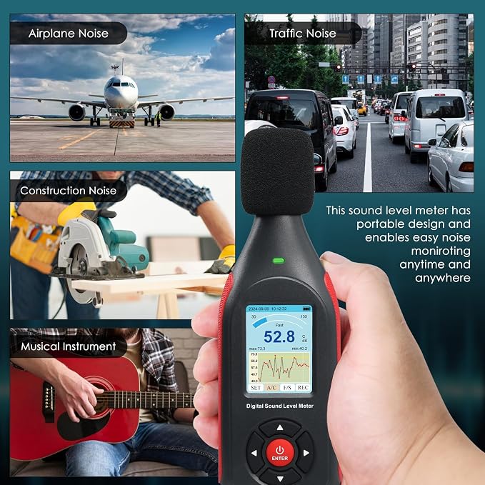 Decibel Meter Digital Sound Level Reader,Data Logger Sound Decibel Meter with 43,000 Data Record Function, 3-Color Alarm, A/C Frequency&DC Output, 30-130dB Portable Noise Meter for Home, Factory