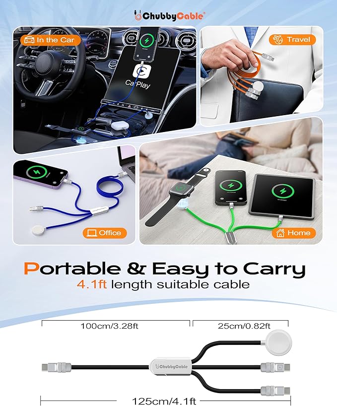 chubbycable Tri-Flex 3 in 1 USB C Cable for Apple Watch Charger Silicone 100W Multi Charging Cable Fast Charge Compatible with iPhone 17-15 Series Apple Watch iPad MacBook AirPods, 4.1FT, Green