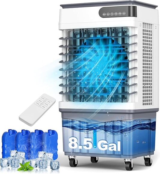 2800CFM Swamp Cooler, 4-IN-1 Evaporative Air Conditioners With 8.5 Gal Water Tank, 4 Ice Packs, Remote, 12H Timer, 120°Oscillation, 36”Portable Cooling Fan with 3 Modes&Speeds for Indoor Room（7）