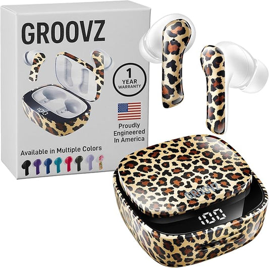 Groovz True Wireless Earbuds with Charging Case - Designed and Engineered in the USA - IPx4 Water Resistant Bluetooth Earbuds Compatible with Apple & Android - 27Hr Battery - Dual Microphone - Leopard