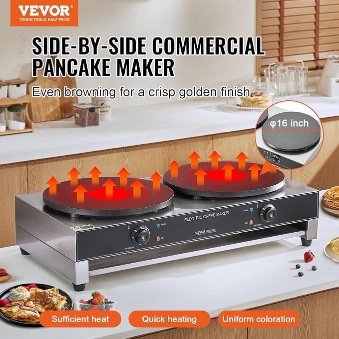 VEVOR Electric Crepe Maker, 16-Inch Double Head Commercial Crepe Machine, 3400W Flat Plate Crepe Griddle, Nonstick Stainless Steel Pancake Making, Desktop Circular Cereals Pancake Stove, AC120V 60Hz
