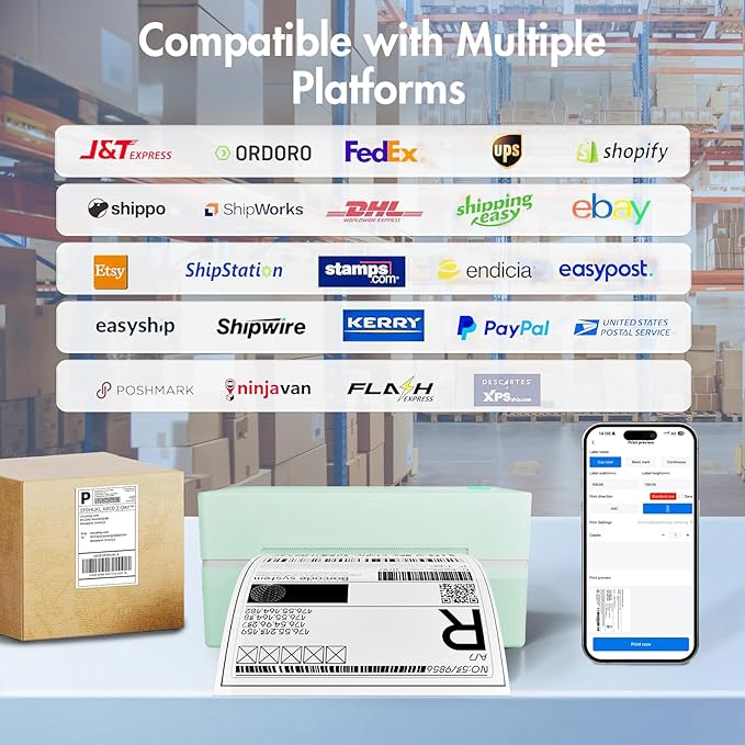 Bluetooth Thermal Shipping Label Printer: 4x6 Wireless Label Maker with Tape for Small Business - Compatible with iPhone, Android, Windows & Mac, Widely Used for USPS UPS Amazon Shopify, Green