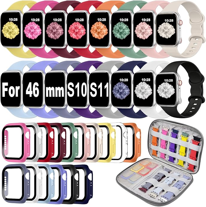 16 Pack Band Compatible with Apple Watch Bands 40mm 41mm 42mm 44mm 45mm 46mm for Women Men, Screen Protector Case Band&Organizer for iWatch Series 11 10 9 8 7 6 5 4 SE（Please select the correct size）