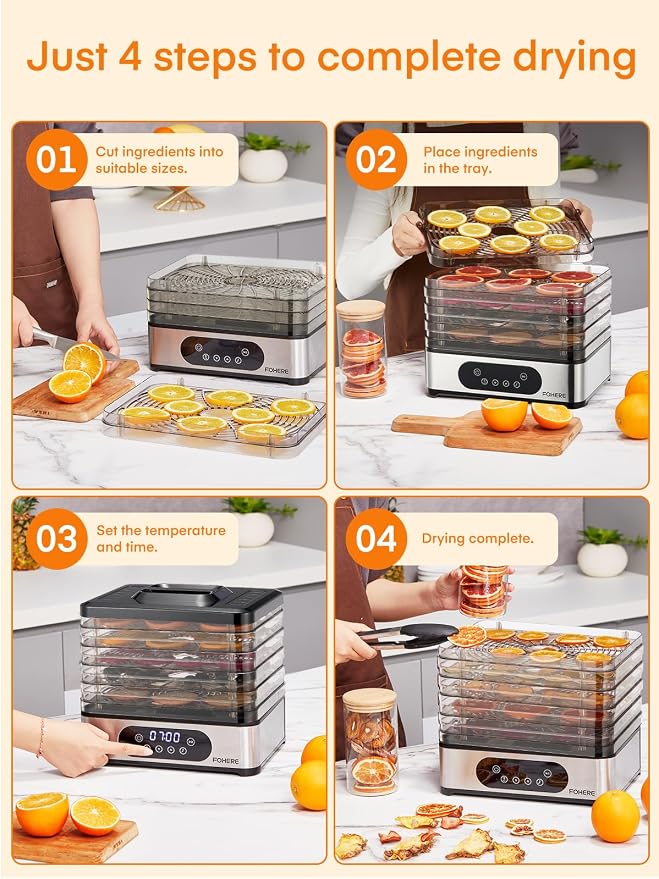 FOHERE Food Dehydrator, 5 BPA-Free Tray Dehydrators for Food and Jerky, Fruit, Herbs, Meat, Dog Treats, 48H Timer and 95-158°F Temperature Control, 400W Dehydrator Machine, 11.42" Stackable Trays