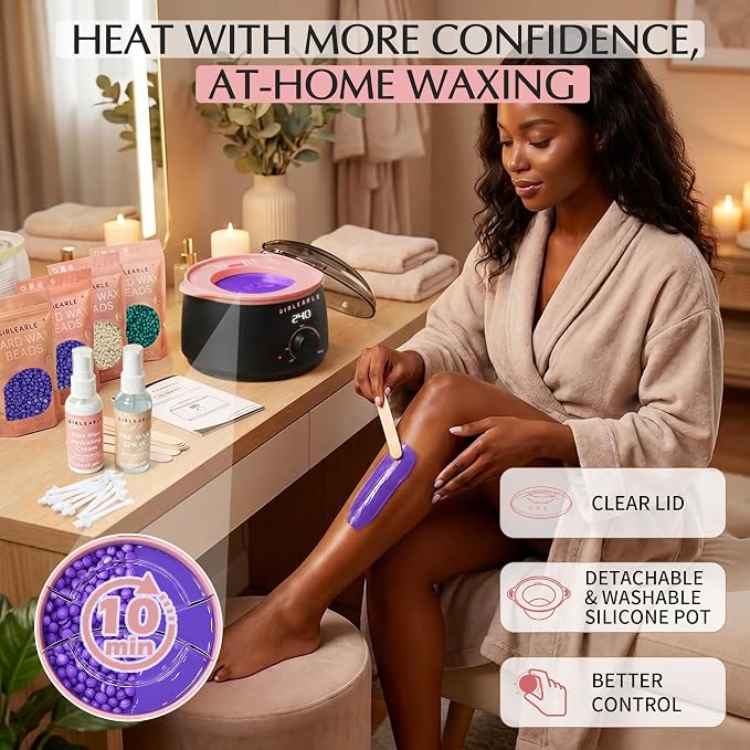 GIRLEARLE Black and Pink Digital Waxing Kit for Women and Men Sensitive Skin, Nose&Ear Wax Kit Hair Removal at Home with Wax Beads & Silicone Pot, Target Different Types of Brazilian Bikini, Facial