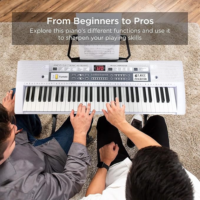 61 Key Electronic Keyboard Piano with Lighted Up Keys, Musical Mini Keyboard Piano with keyboard stand, Digital Portable Synthesizer Keyboards for Beginners Kids Adults (white)