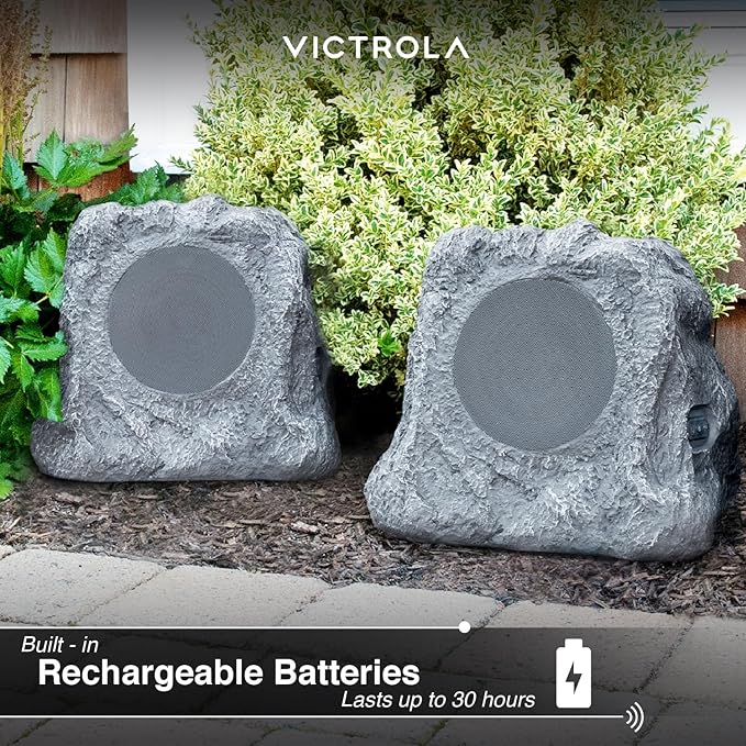 Victrola Outdoor Rock Speaker (Pair) – IPX4 Rechargeable Outdoor Bluetooth Speakers for Garden, Patio, Built for All Seasons, Wireless Music Streaming (Charcoal)