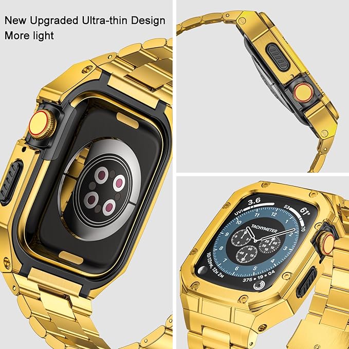 BAITEYOU Stainless Steel Watch Band with Case Compatible with Apple Watch Series SE 3 2 1/6 5 4 (44mm), Series 3 2 1 (42mm), Metal Protective Bumper Rugged Cover for iWatch Bands Men (Gold)