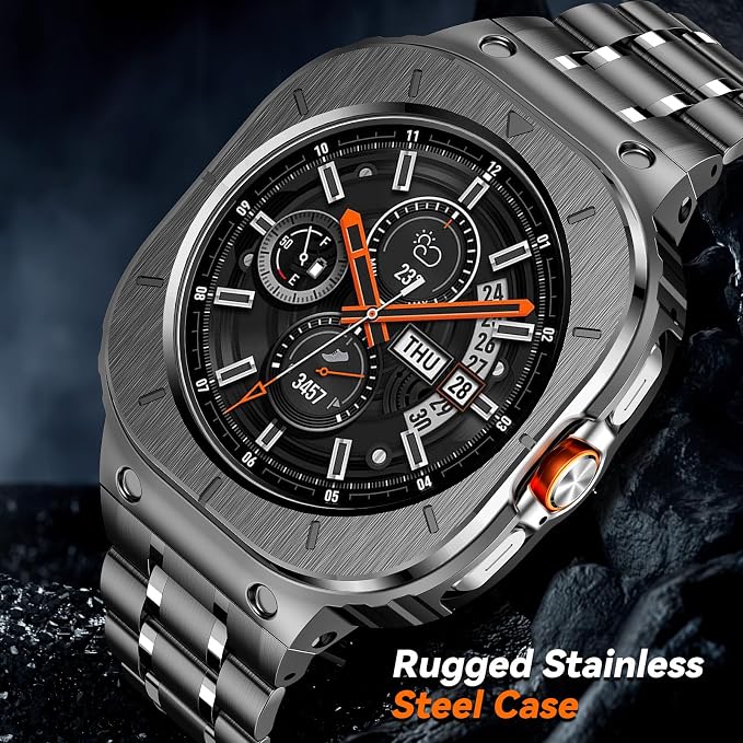 BAITEYOU Stainless Steel Bands with Case Compatible with Samsung Galaxy Watch Ultra 2/1 47mm (2025 2024), Rugged Protector Cover Metal Band for Galaxy Watch 7 8 Ultra for Men (Grey)