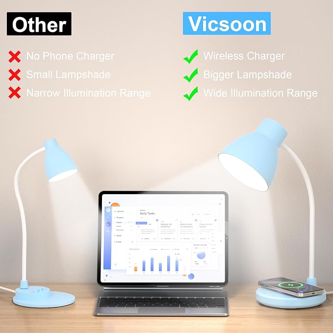 Desk Lamps for Home Office - LED Desk Lamp with Wireless Charger, 3 Color Modes Dimmable Eye-Caring Study Reading Desk Light, Small Flexible Arm Table Lamp for College Dorm Room Bedside, Blue