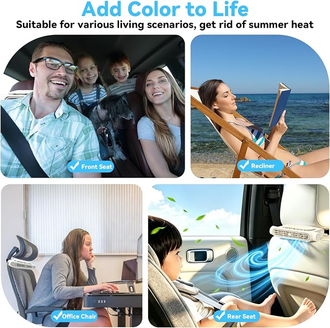 1PCS Car Seat Fan, Portable Car Fans for Backseat for Kids, USB Rechargeable Backseat Neck Cooling Air Conditioner Cooler Vent Clip on Fan with 3 Adjustable Wind Speeds Device for All Cars-Beige