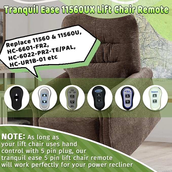 Upgraded Tranquil Ease 11560UX & 11560 5 Pin Lift Chair Remote Fit for Inseat, Best Home Furnishings Lift Chairs, Lighted Hand Control, Power Recliner Switch Three-Year Free Replacement