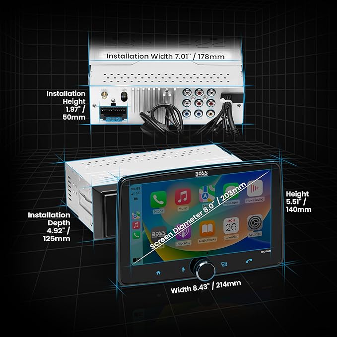 BOSS Audio Systems BCPA8 Single DIN Car Stereo Wireless Apple CarPlay, Android Auto, 8 Inch Touchscreen, Bluetooth, AM/FM Radio Receiver