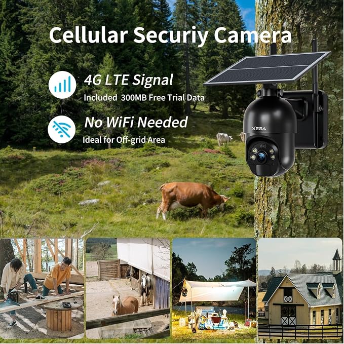 Xega 4G LTE Cellular Security Camera Outdoor Solar Camera Wireless Built-in SIM Card, 2K HD Color Night Vision PTZ 360° View, Smart PIR Motion Detection, 2-Way Talk, No WiFi, IP66